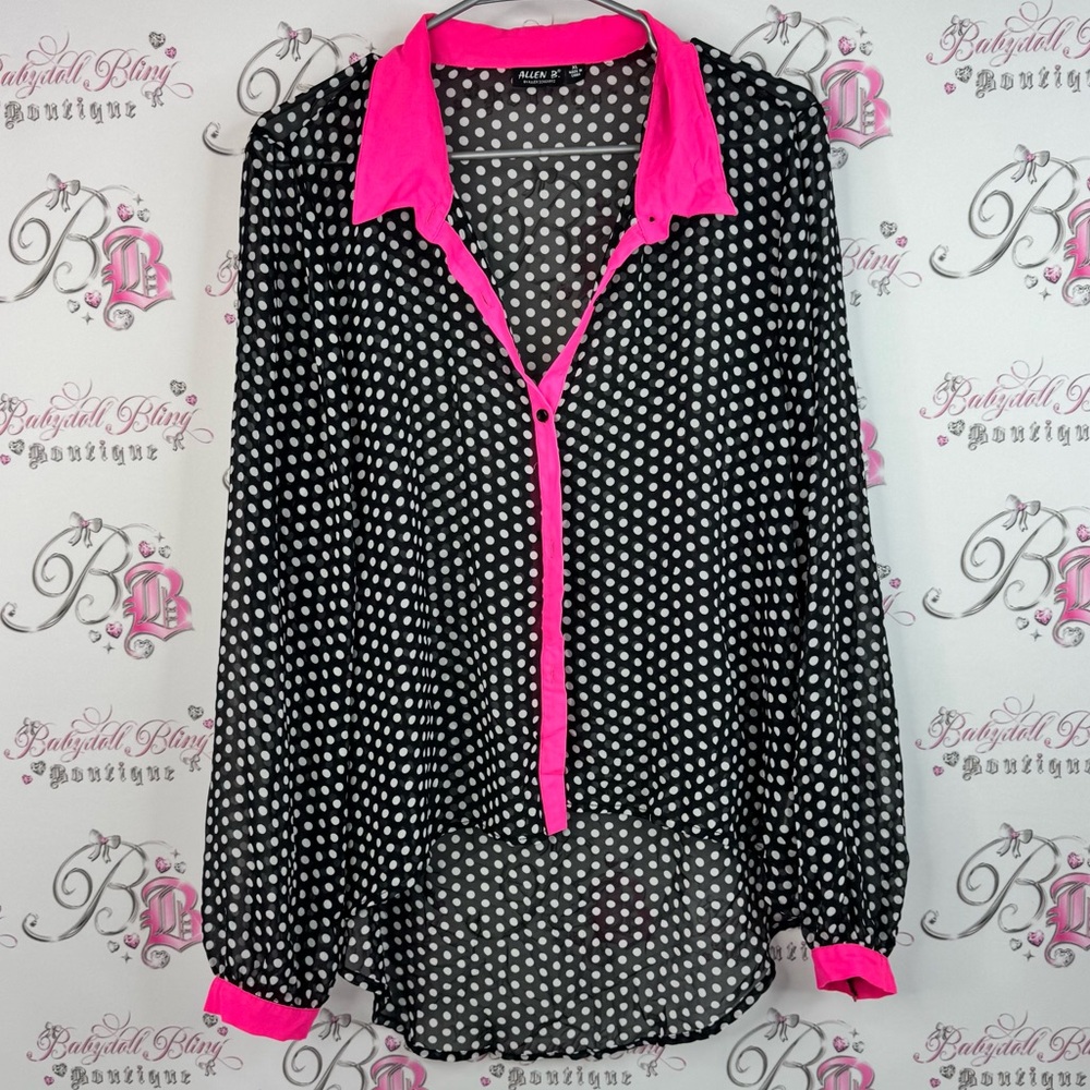 Allen B. By Allen Schwartz blouse dotted Black and neon Pink Polka Dot Blouse